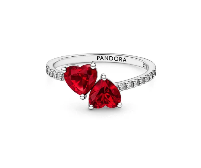 Pandora خاتم قلبين لون احمر